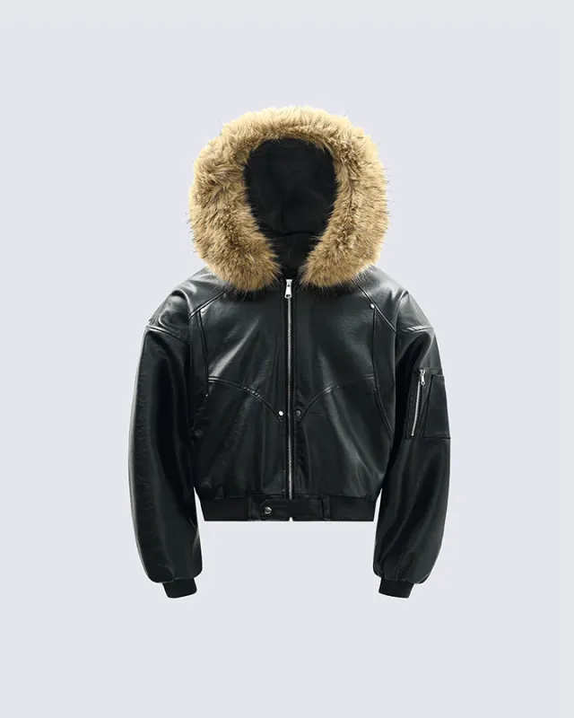 Faux Fur Hooded PU Leather Bomber Jacket sold by KIIKIO