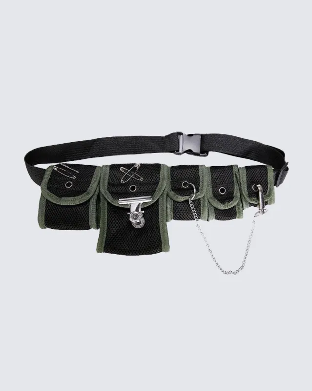 Multi-Pocket Tactical Waist Bag with Chain and Safety Pins sold by KIIKIO