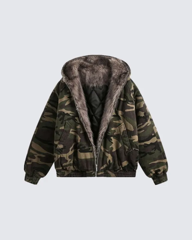 Camouflage Faux Fur Lined Hooded Jacket sold by KIIKIO