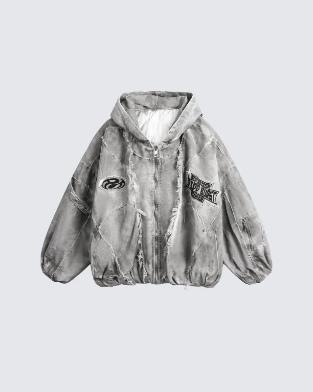 Distressed Embroidered Padded Hooded Jacket sold by KIIKIO