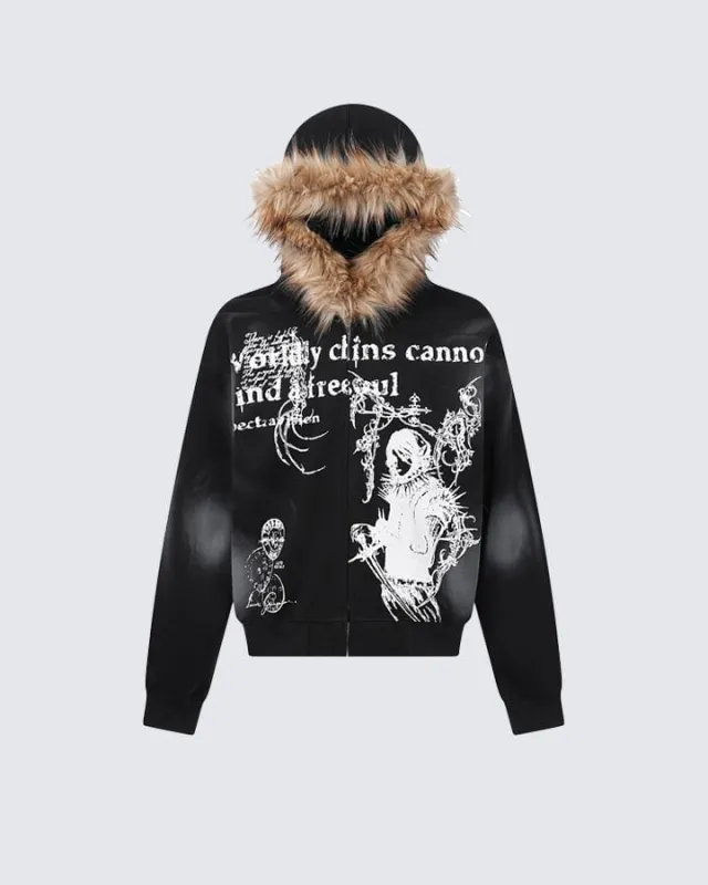 Vintage Zipper Faux Fur Hoodie sold by KIIKIO