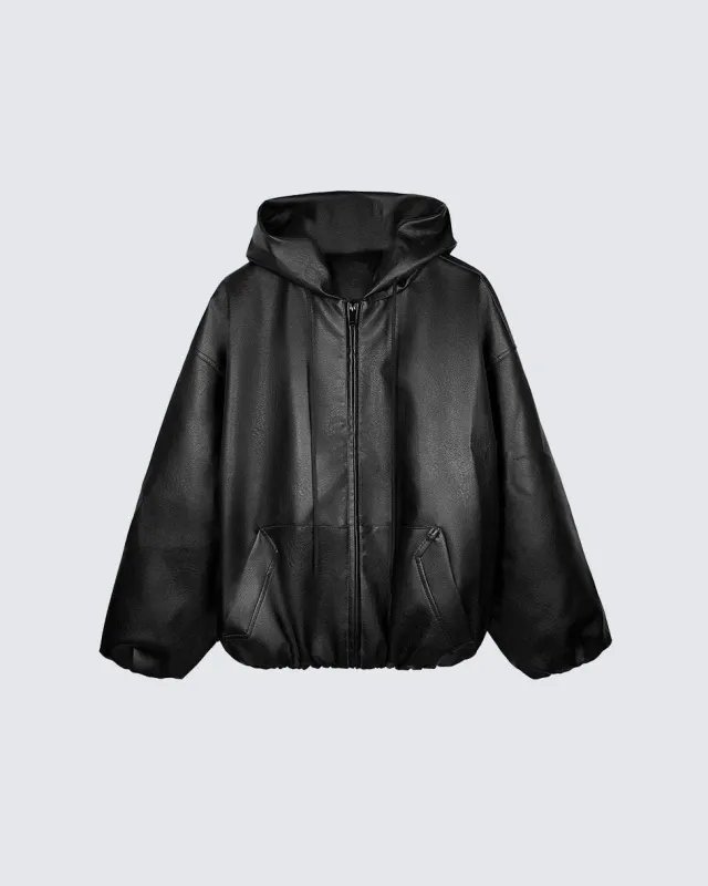 Oversized PU Leather Hooded Jacket sold by KIIKIO