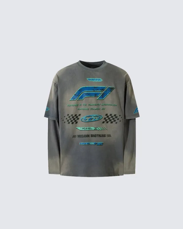Racing Style Fake Two-Piece Long-Sleeved T-Shirt sold by KIIKIO