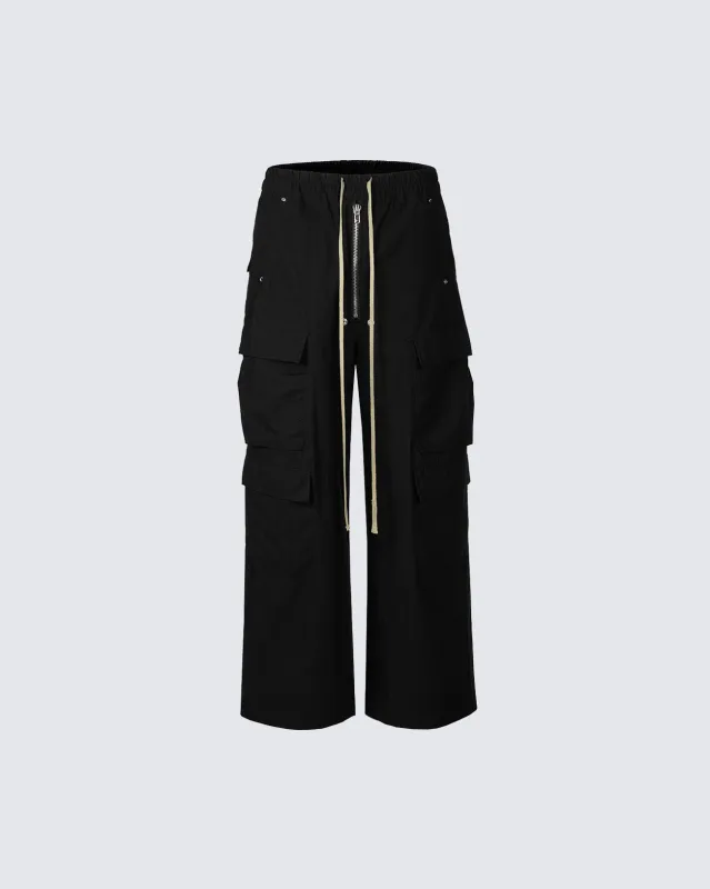 Black Wide-Leg Cargo Pants – Streetwear Baggy Trousers with Zipper & Drawstring sold by KIIKIO