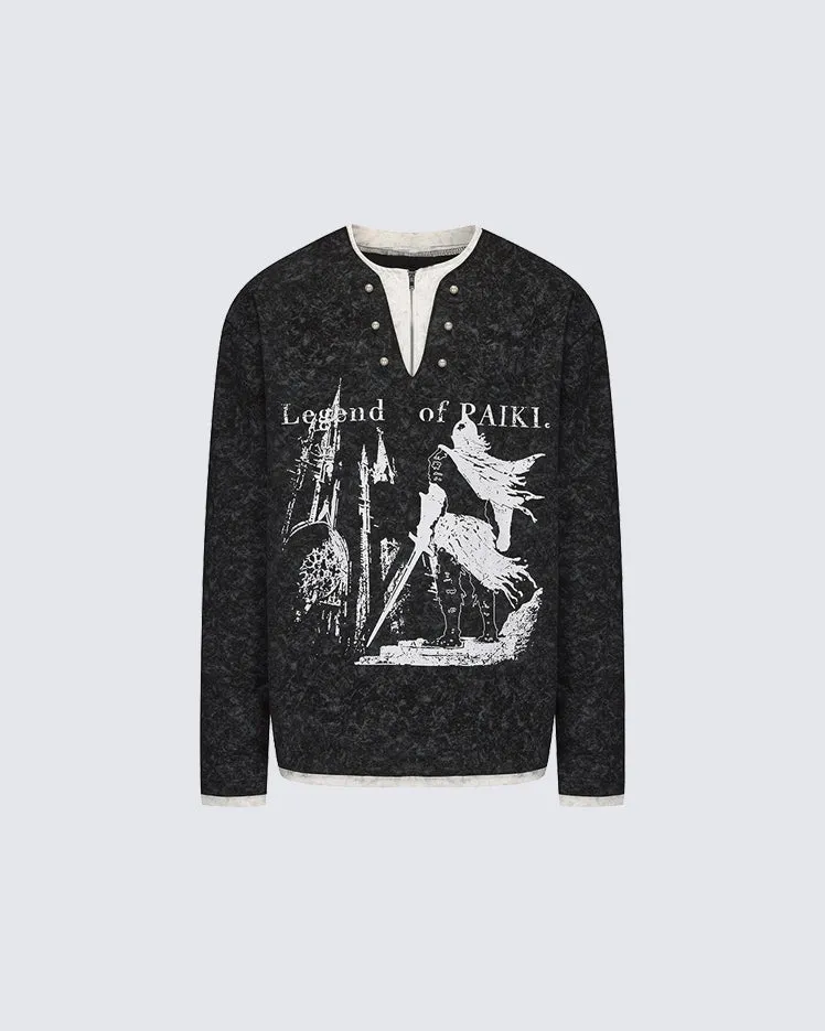 Vintage Graphic Henley Long Sleeve Top sold by KIIKIO