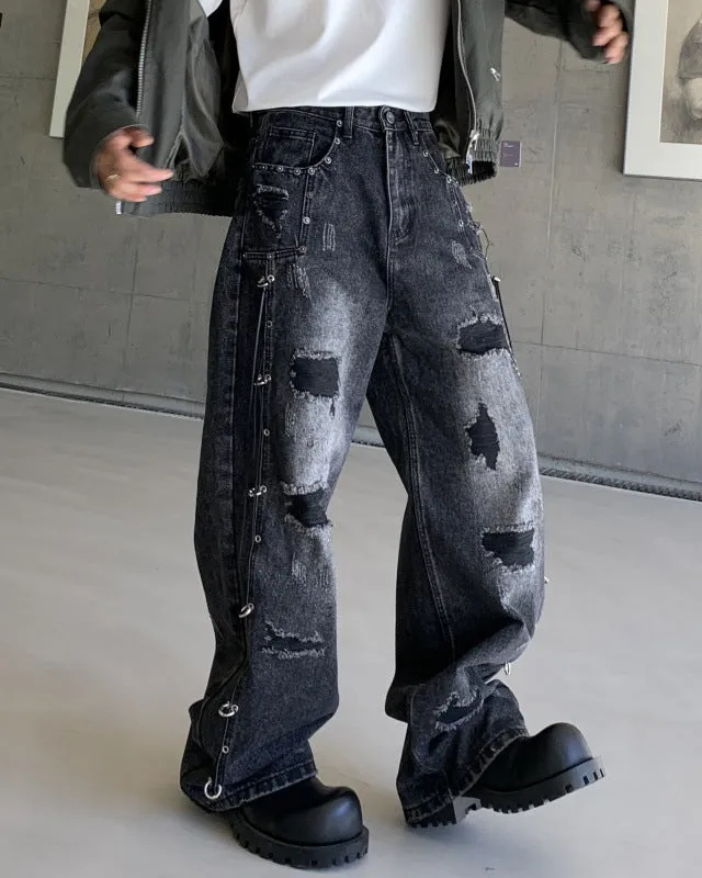 Retro Distressed Rivet Wide-Leg Denim Jeans sold by KIIKIO product image thumbnail 2