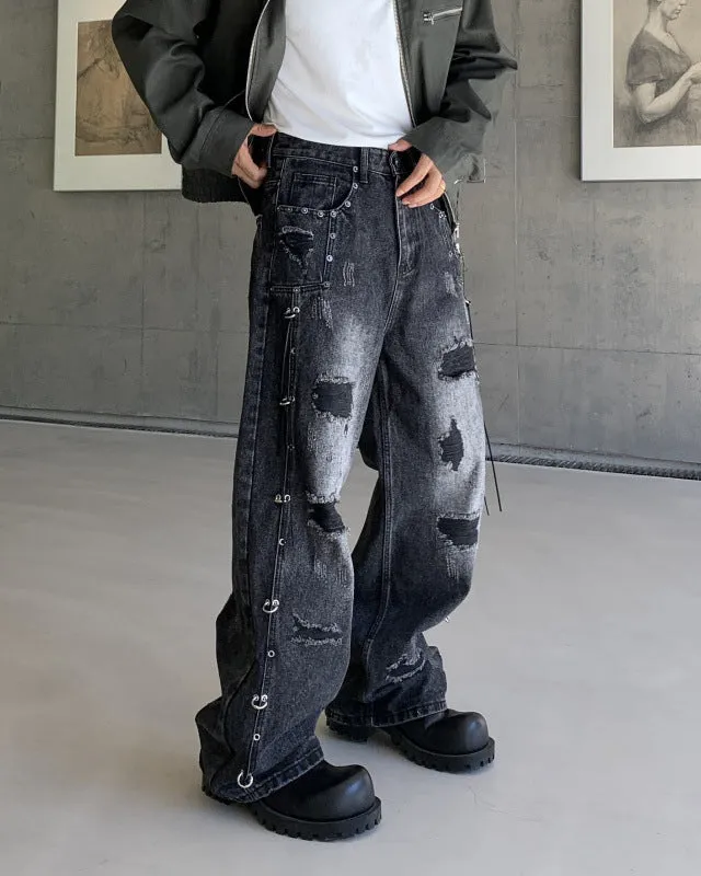 Retro Distressed Rivet Wide-Leg Denim Jeans sold by KIIKIO product image thumbnail 4