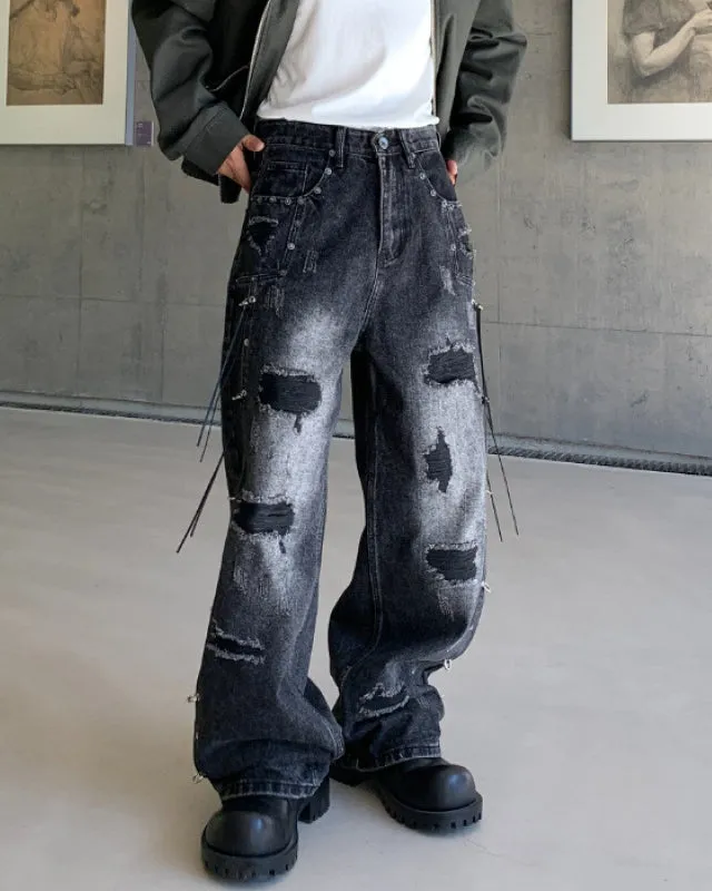 Retro Distressed Rivet Wide-Leg Denim Jeans sold by KIIKIO product image thumbnail 3