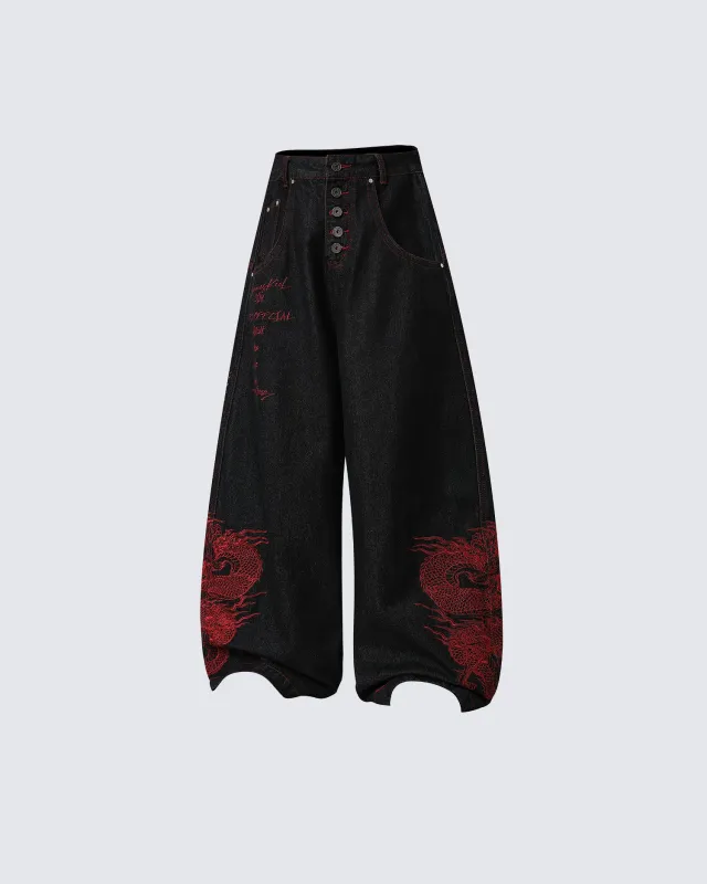 Red Dragon Embroidered Denim Pants made by KIIKIO