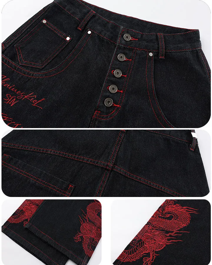 Red Dragon Embroidered Denim Pants sold by KIIKIO product image thumbnail 5