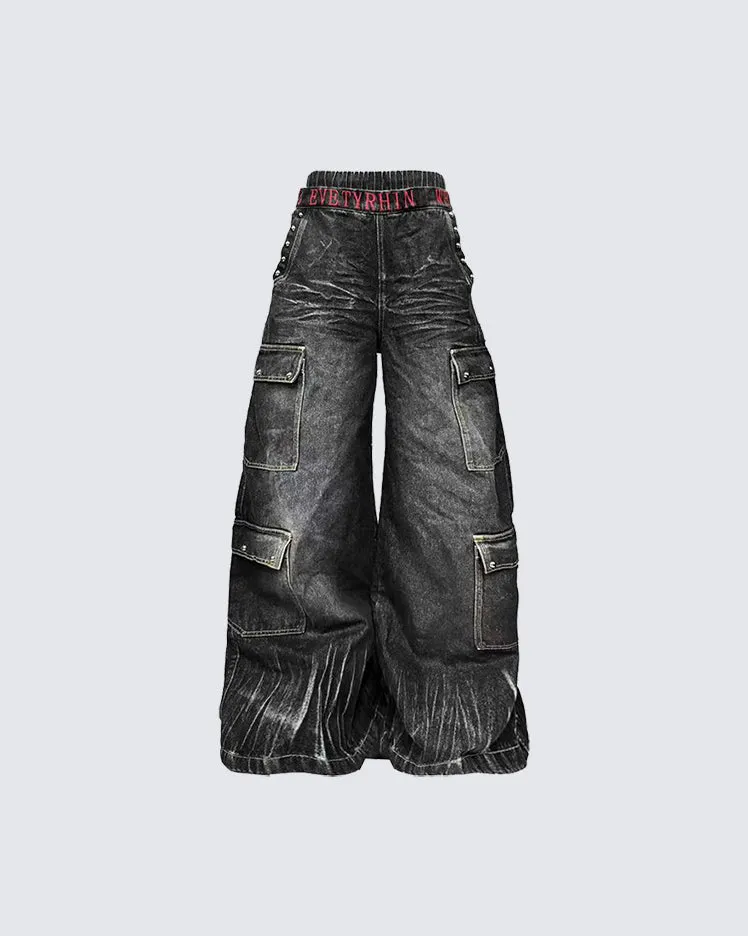 American Heavy Wash Double-Waist Embroidered Pants sold by KIIKIO