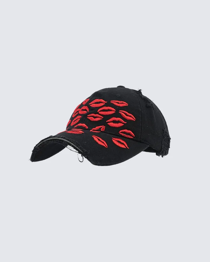 Red Lips Embroidered Baseball Cap sold by KIIKIO