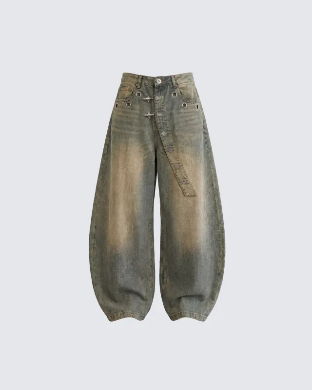 PUNK STREET DISTRICT-Washed Metal Buckle Wide-Leg Pants sold by KIIKIO