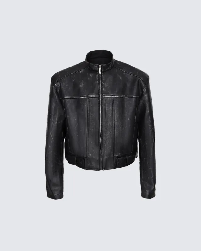 New PU Stand Collar Zip-Up Jacket made by KIIKIO