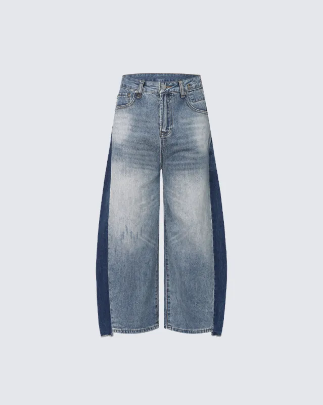 Spring Contrast Panel Wide-Leg Denim Jeans made by KIIKIO