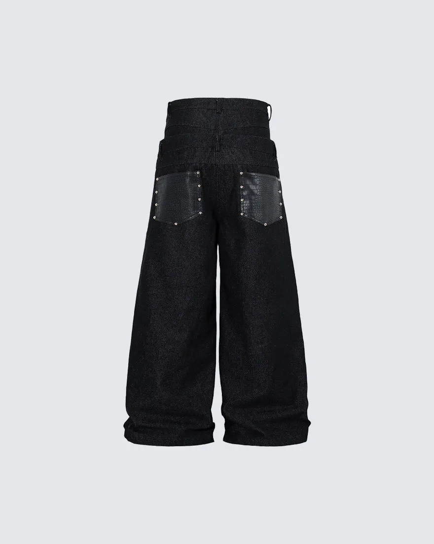 Rivet Patchwork Leather Panel Denim Pants sold by KIIKIO product image thumbnail 5