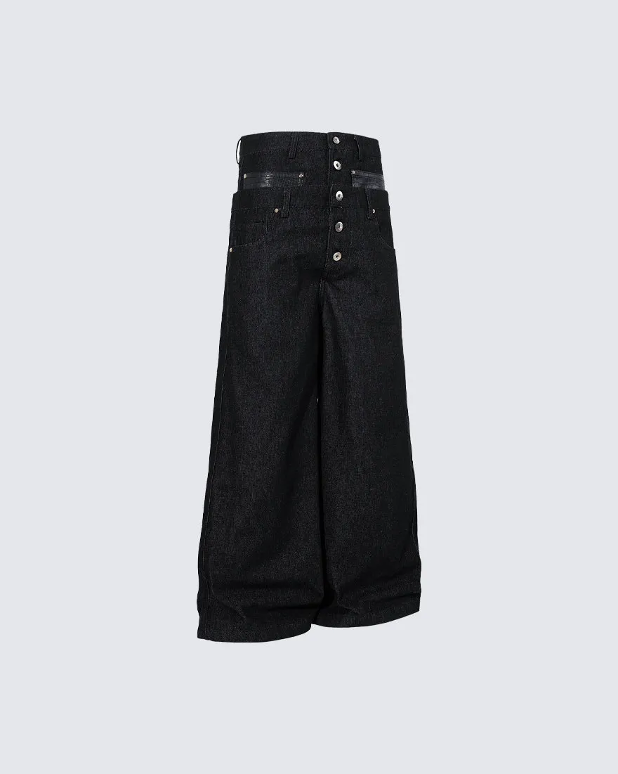Rivet Patchwork Leather Panel Denim Pants sold by KIIKIO product image thumbnail 3