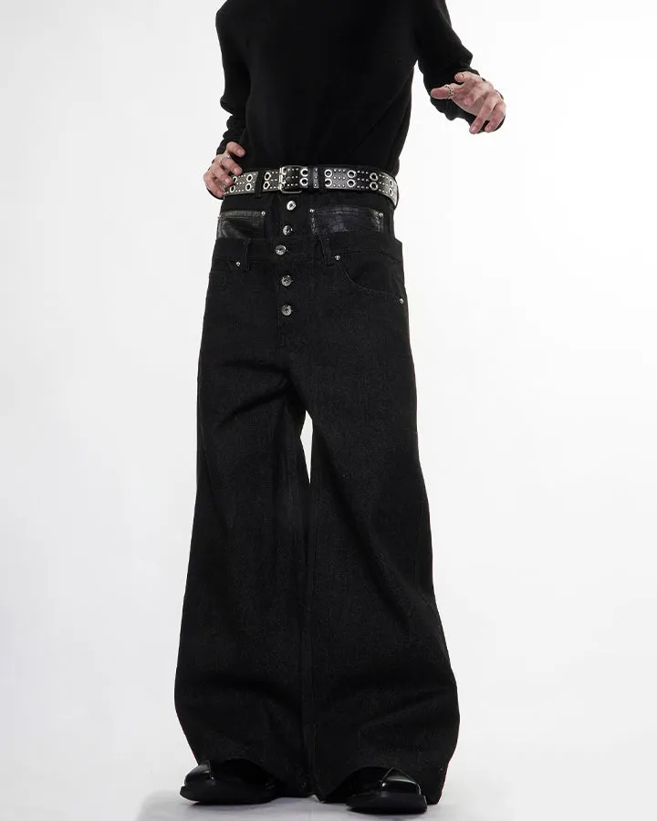 Rivet Patchwork Leather Panel Denim Pants sold by KIIKIO product image thumbnail 2