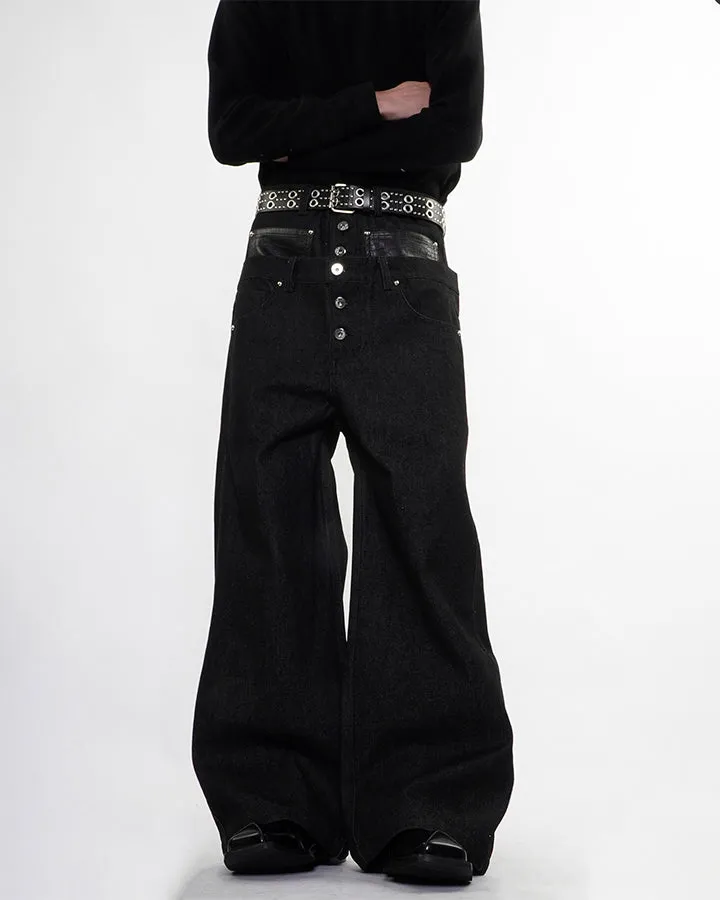 Rivet Patchwork Leather Panel Denim Pants sold by KIIKIO product image thumbnail 4