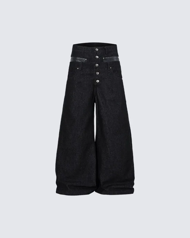 Rivet Patchwork Leather Panel Denim Pants made by KIIKIO
