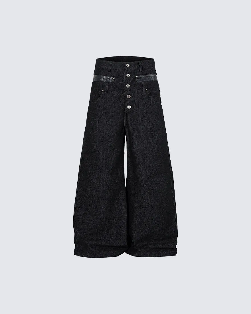Rivet Patchwork Leather Panel Denim Pants sold by KIIKIO