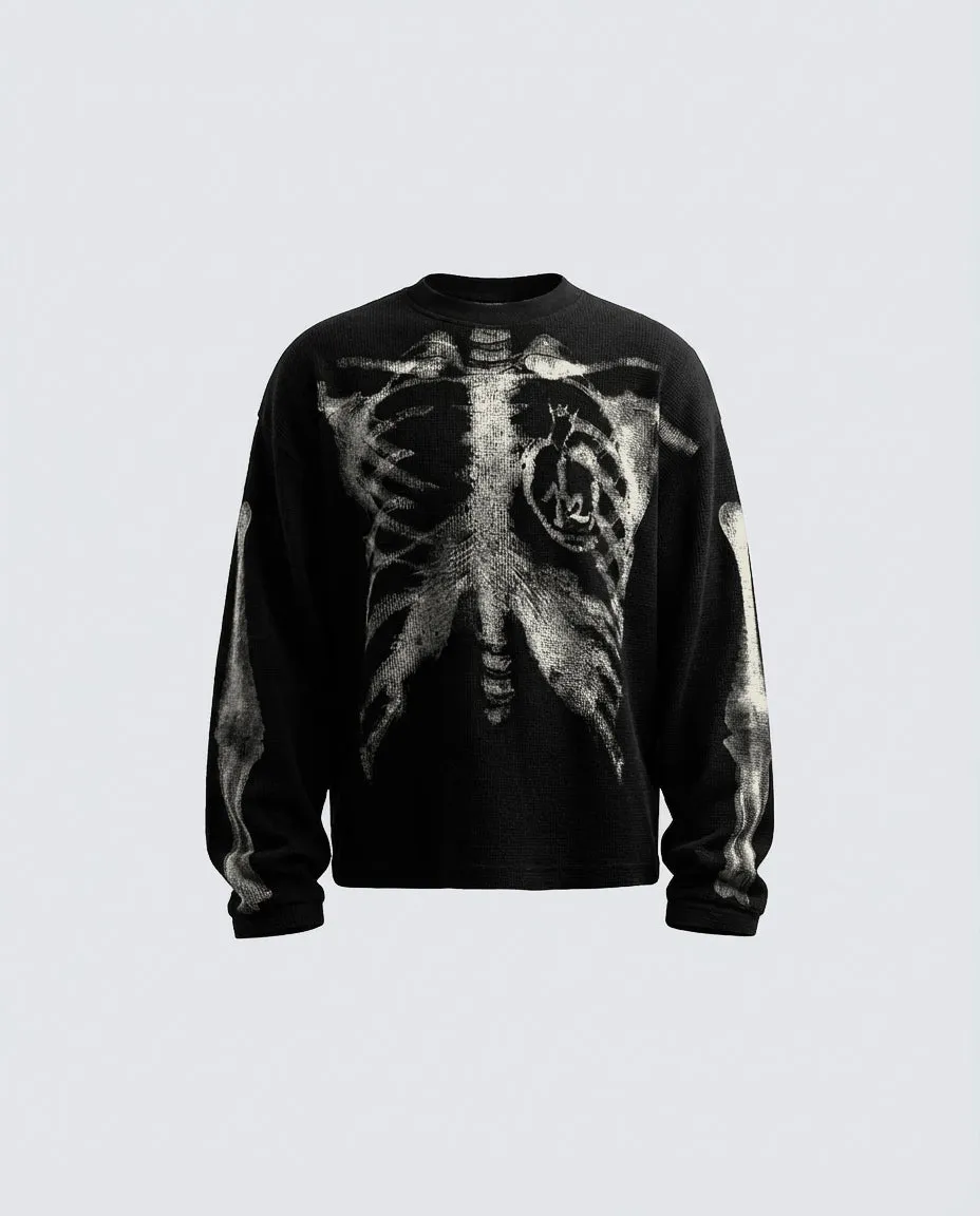 KIIKIO Skull Print Waffle Long Sleeve T-Shirt sold by KIIKIO product image thumbnail 3