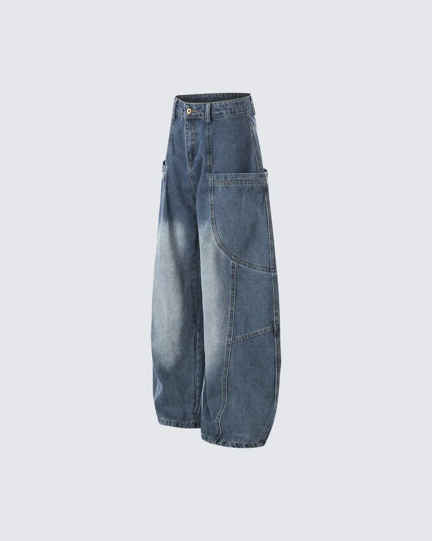 Washed Panel Design Loose Fit Denim Pants sold by KIIKIO product image thumbnail 3