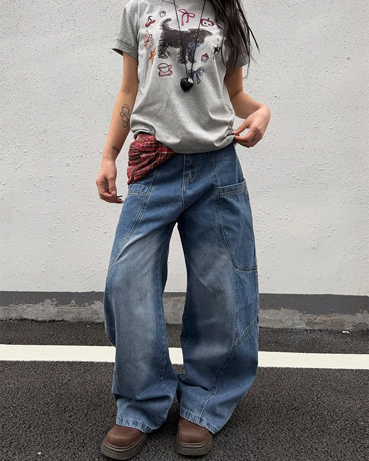 Washed Panel Design Loose Fit Denim Pants sold by KIIKIO product image thumbnail 2