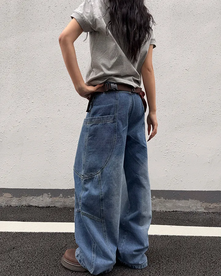 Washed Panel Design Loose Fit Denim Pants sold by KIIKIO product image thumbnail 5