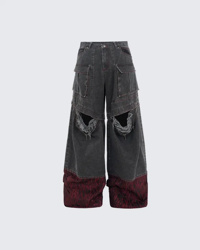 Vortex Racer-Edgy Denim Cargo Pants with Distressed Detail made by KIIKIO