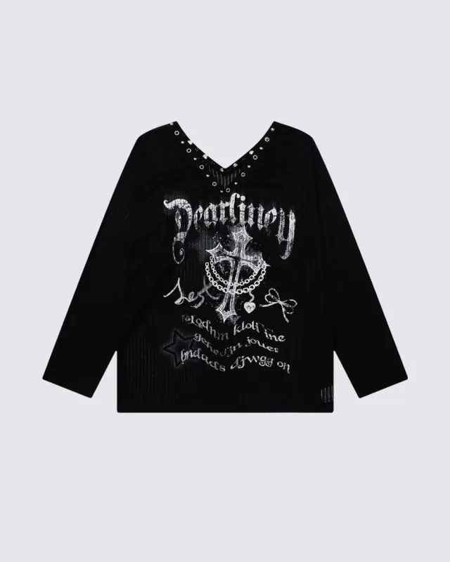 Gothic Printed Long Sleeve Top with Studded Neckline made by KIIKIO