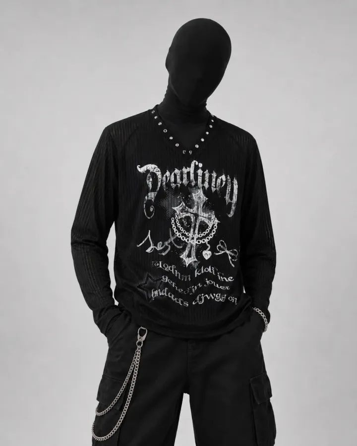 Gothic Printed Long Sleeve Top with Studded Neckline sold by KIIKIO product image thumbnail 2