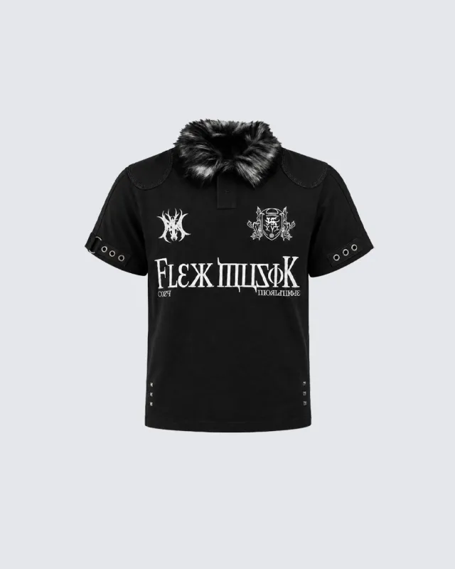 Gothic Graphic Short Sleeve Top with Fur Collar made by KIIKIO