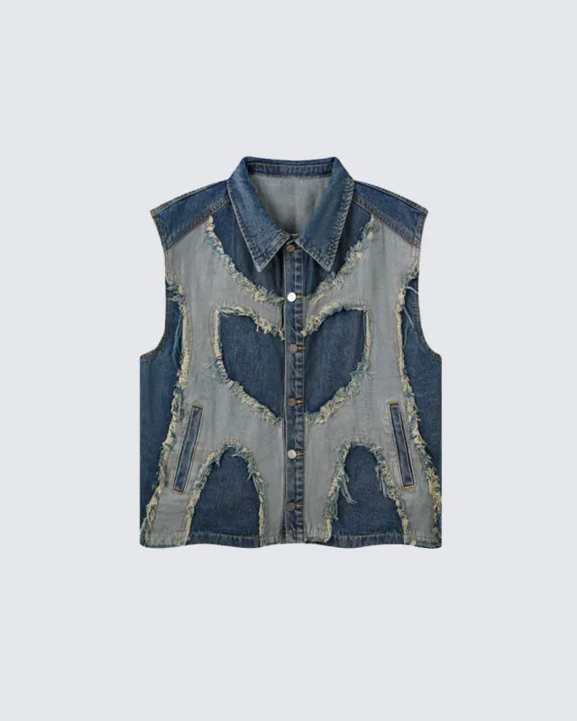 Distressed Patchwork Denim Vest made by KIIKIO