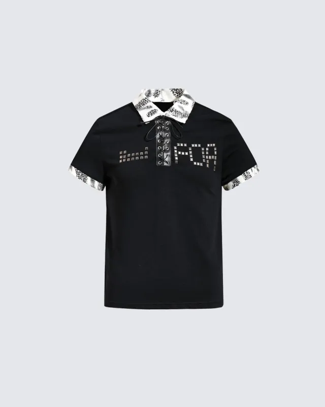American Retro Leopard Print Metallic Stud Letter T-Shirt made by KIIKIO