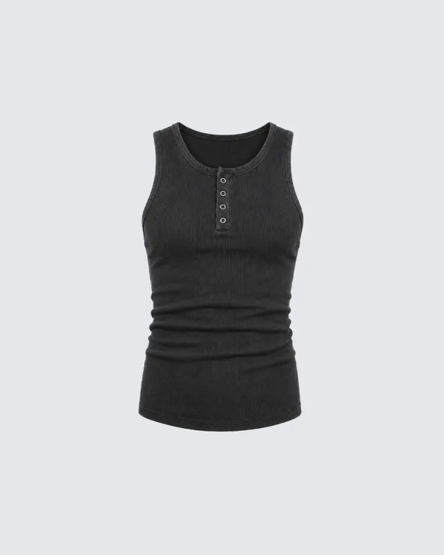 KIIKIO Vintage Washed Henley Neck Slim Fit Ribbed Tank Top made by KIIKIO