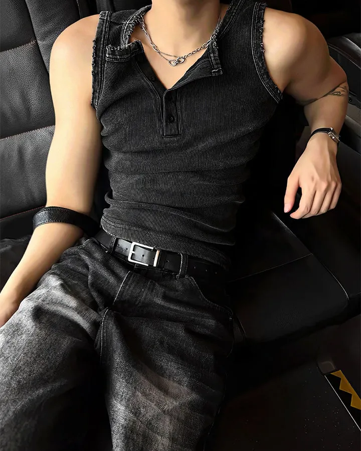 KIIKIO Vintage Washed Henley Neck Slim Fit Ribbed Tank Top sold by KIIKIO product image thumbnail 3