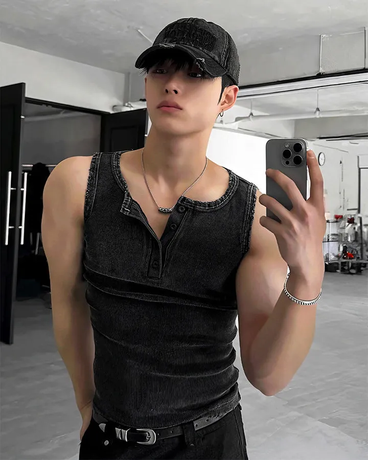 KIIKIO Vintage Washed Henley Neck Slim Fit Ribbed Tank Top sold by KIIKIO product image thumbnail 5