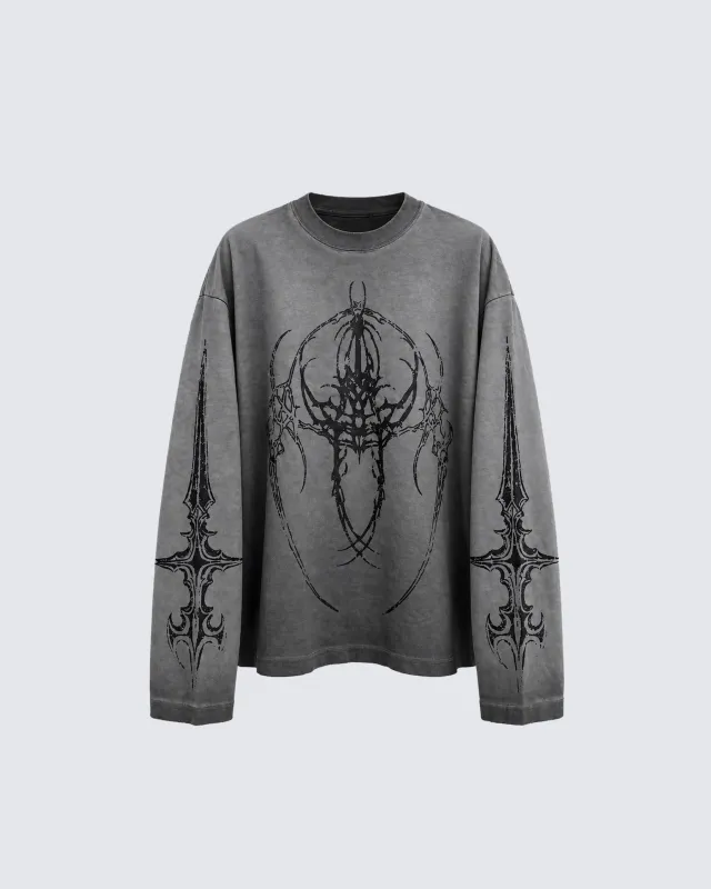 KIIKIO Dark Gothic Graphic Washed Long Sleeve T-Shirt made by KIIKIO