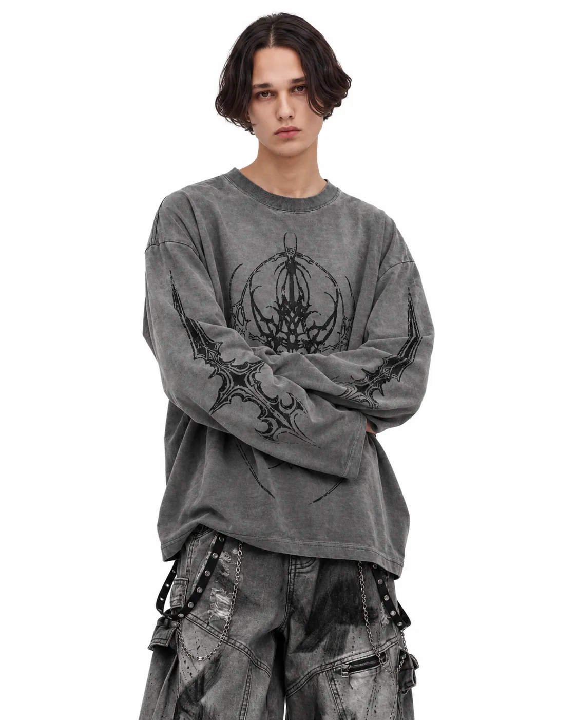 KIIKIO Dark Gothic Graphic Washed Long Sleeve T-Shirt sold by KIIKIO product image thumbnail 2