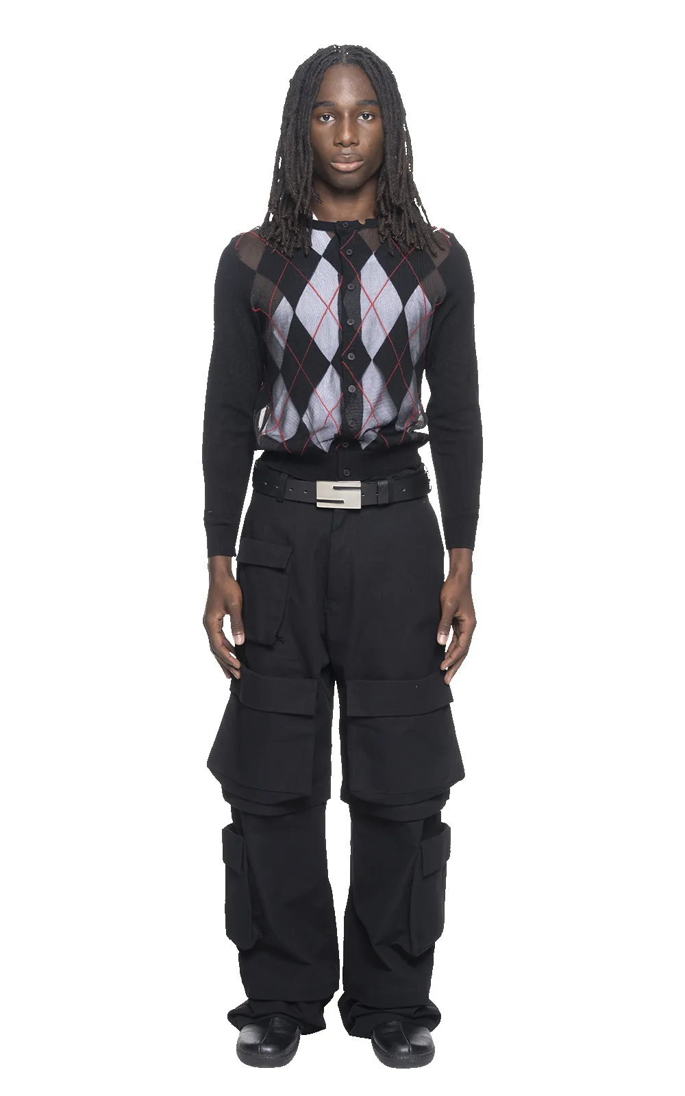 SHEER ARGYLE CARDIGAN IN BLACK sold by Spencer Badu