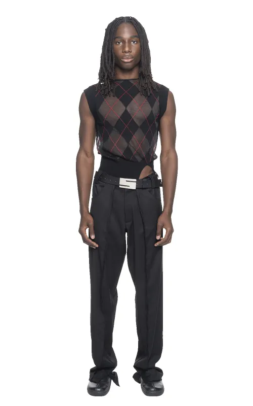 SHEER ARGYLE VEST IN BLACK made by Spencer Badu