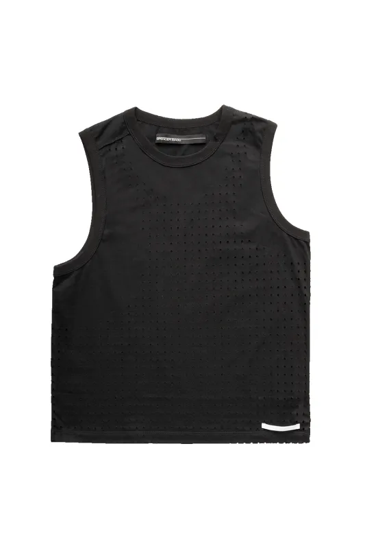 LASER CUT TANK TOP IN BLACK made by Spencer Badu