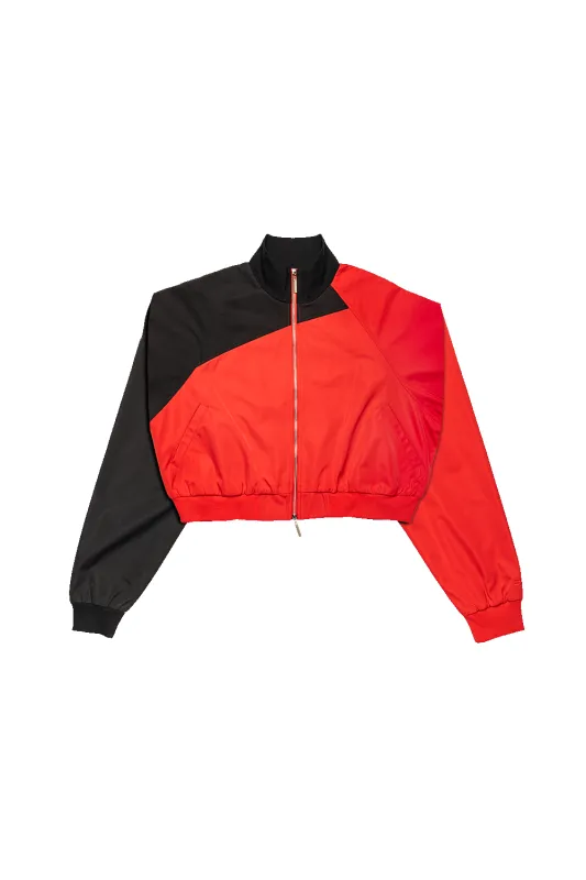 ASYMMETRICAL TRACK JACKET IN RED made by Spencer Badu
