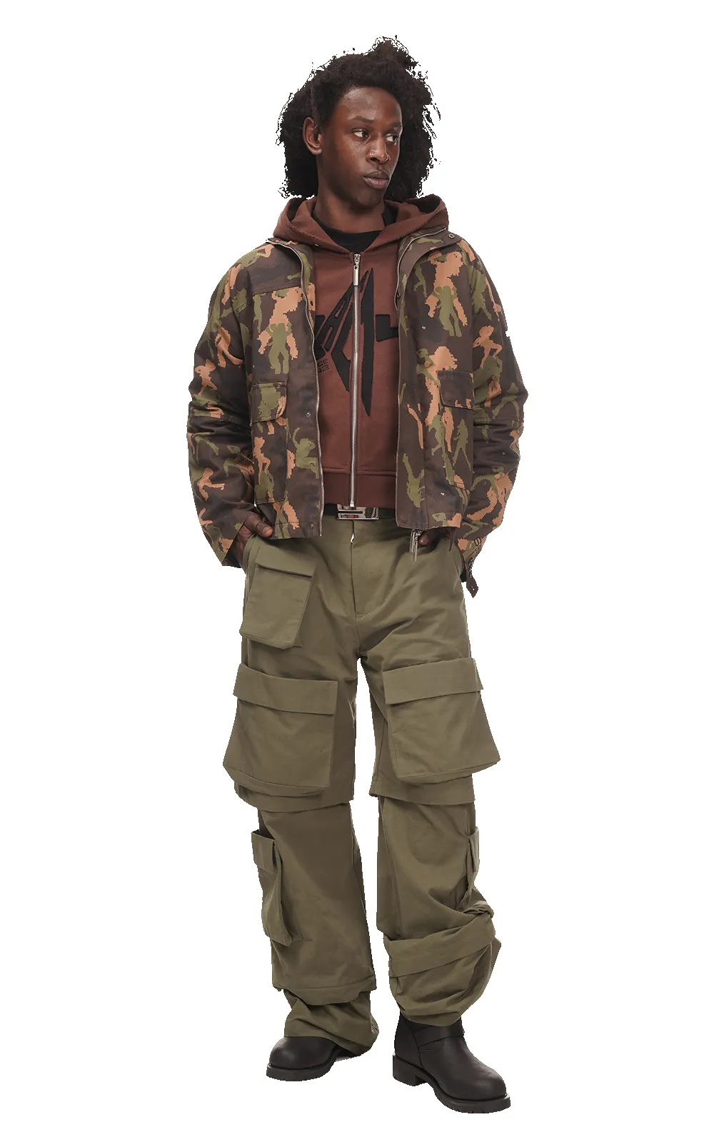 DANCING CAMO CARGO JACKET IN BROWN sold by Spencer Badu