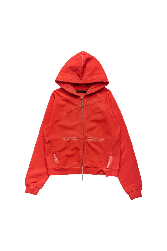 ASYMMETRICAL RAGLAN HOODIE IN RED made by Spencer Badu