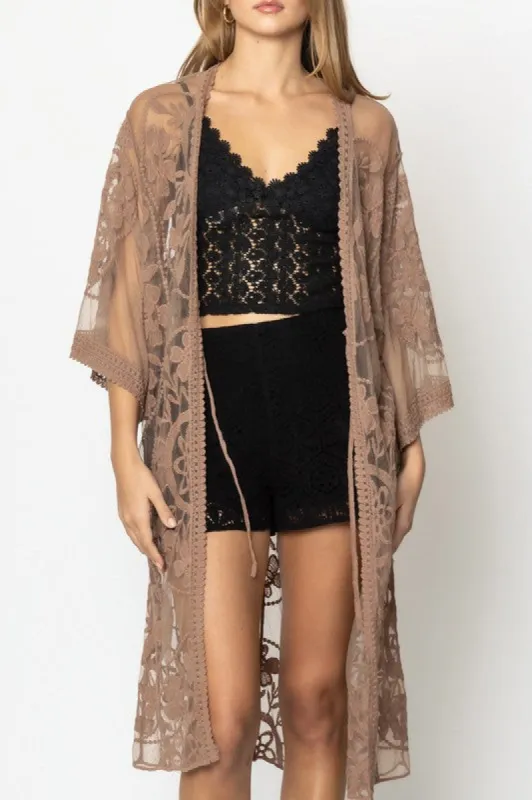Rush Over Floral Lace Kimono with Front Tie sold by Brightside Boutique