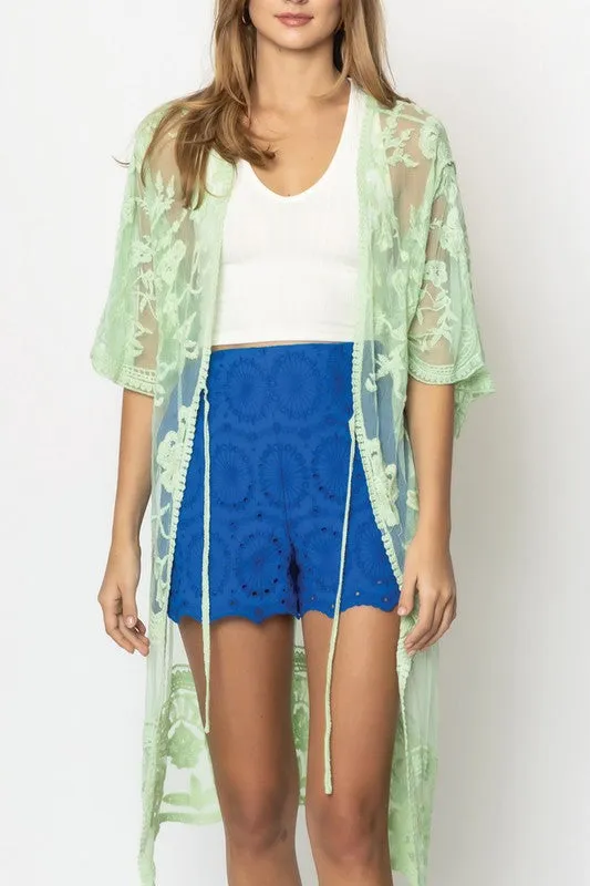 Pastel Floral Lace Kimono with Front Tie sold by Brightside Boutique