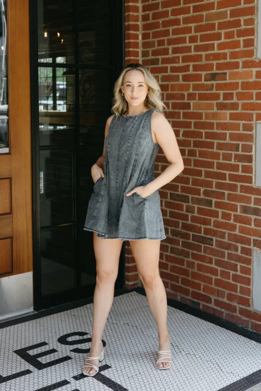 Late Night Denim Romper sold by Brightside Boutique