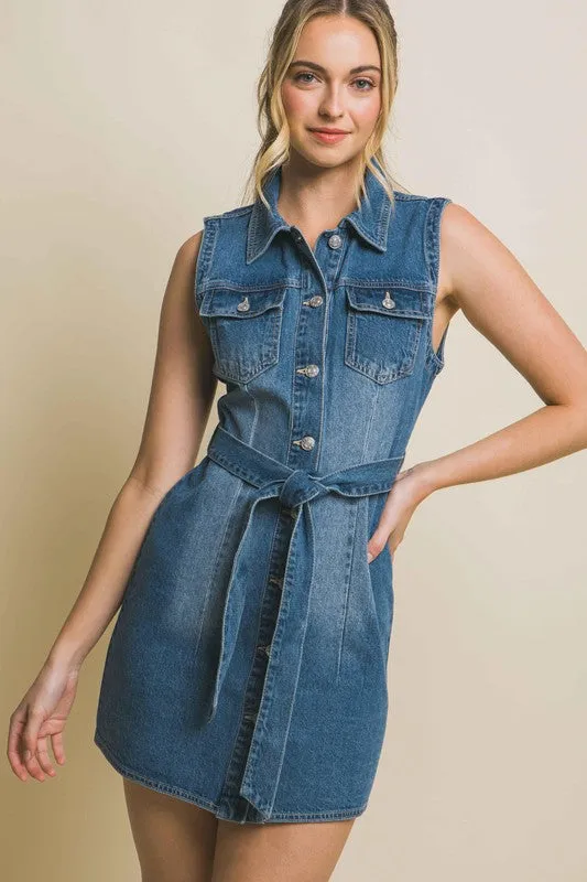 Denim Strapless Dress with Waist Tie sold by Brightside Boutique